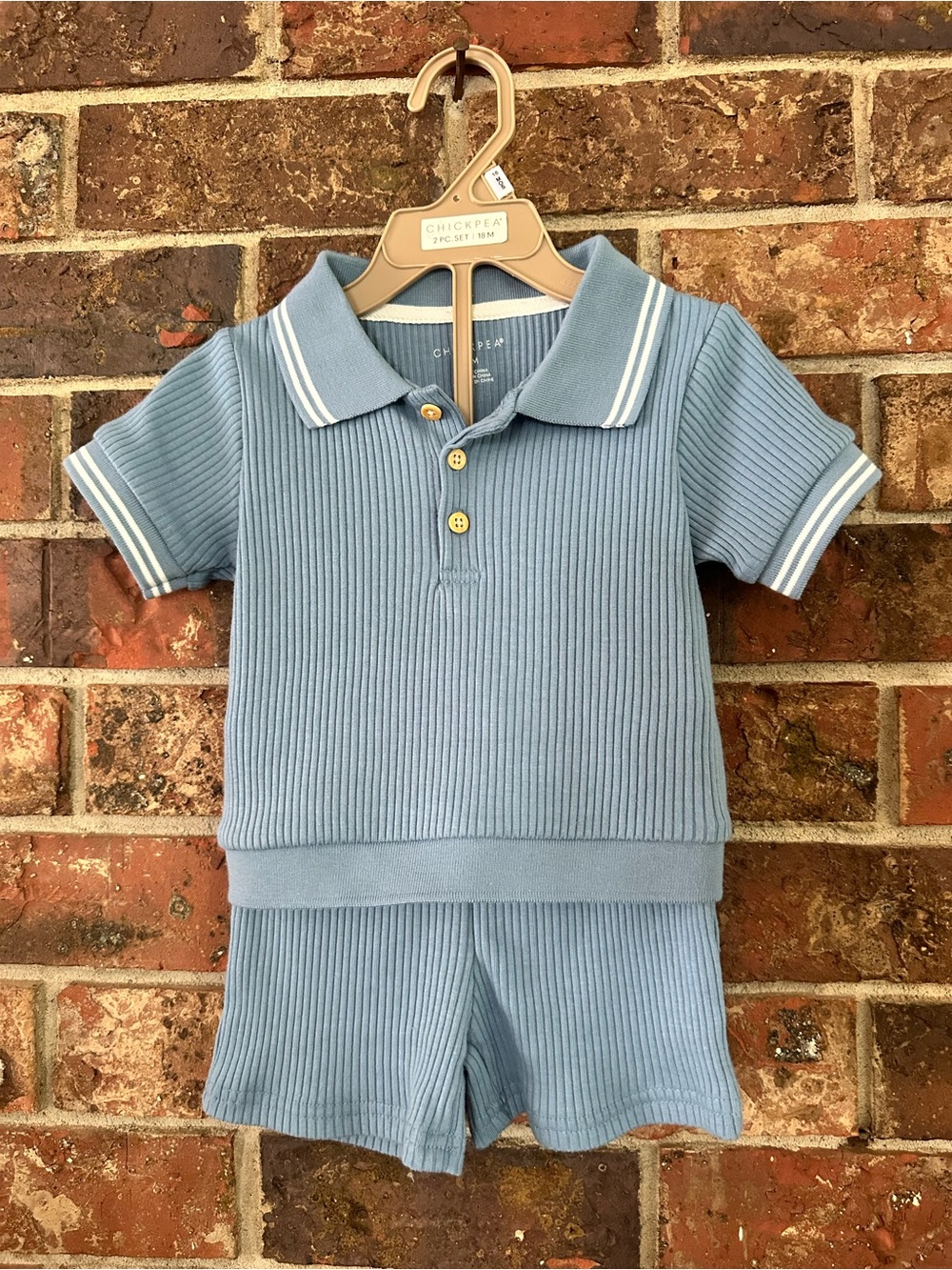 Classic Vintage Toddler - Sky Blue Ribbed Polo Top & Shorts Set with White Trim